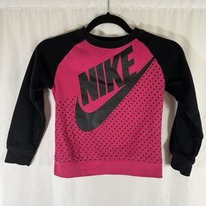 Nike Sweater Girls Large Pink Black Swoosh Crew Neck Long Sleeve Pullover